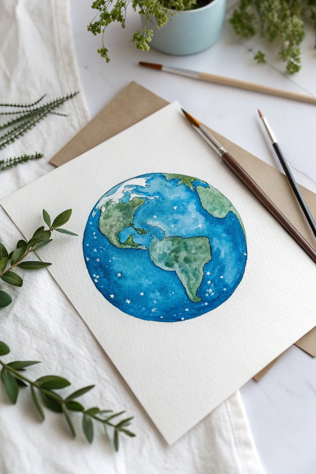 Salt-textured watercolor Earth with sparkling seas and clean green continents, minimalist and calm