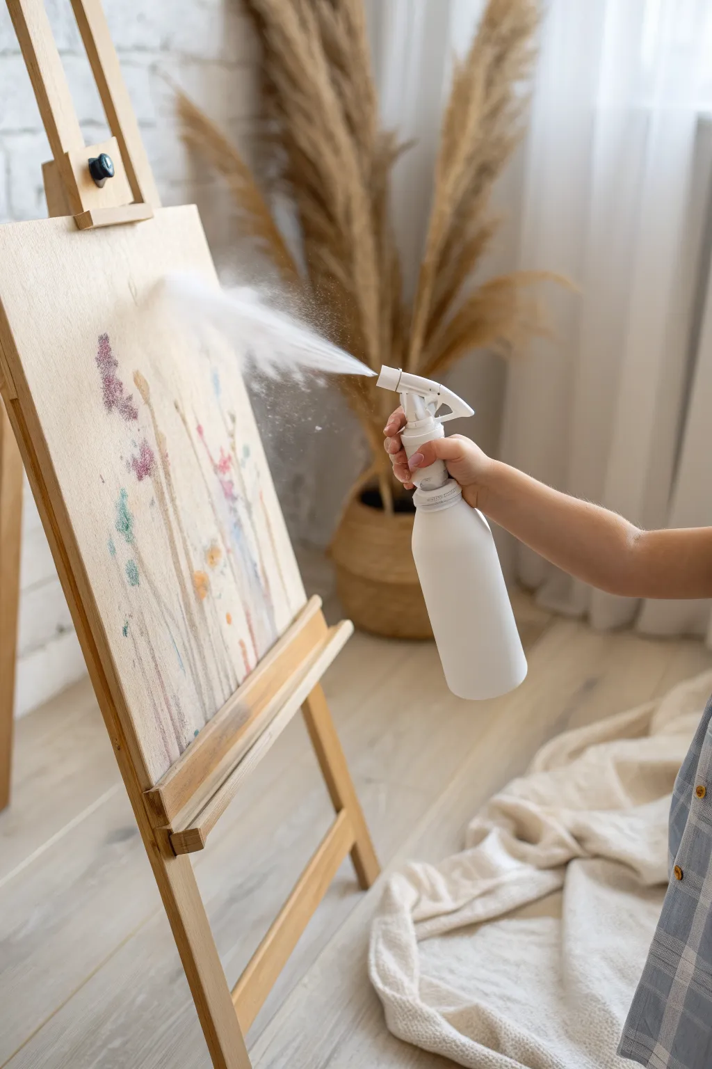 Simple preschool easel idea: mist water over wet paint for dreamy drips and speckles