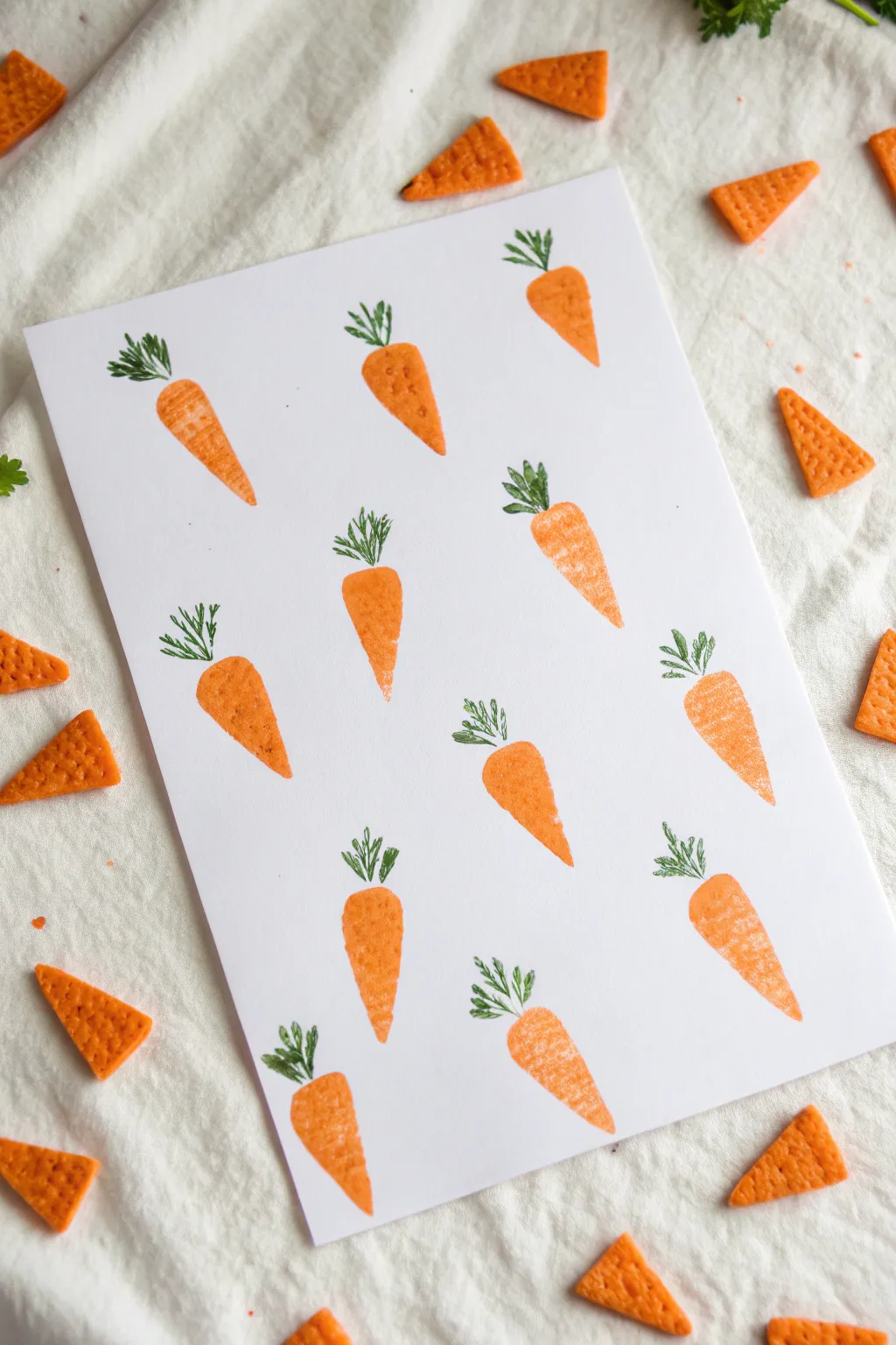 Sponge-stamped carrot patch: easy Easter art for toddlers with bold, cheerful contrast