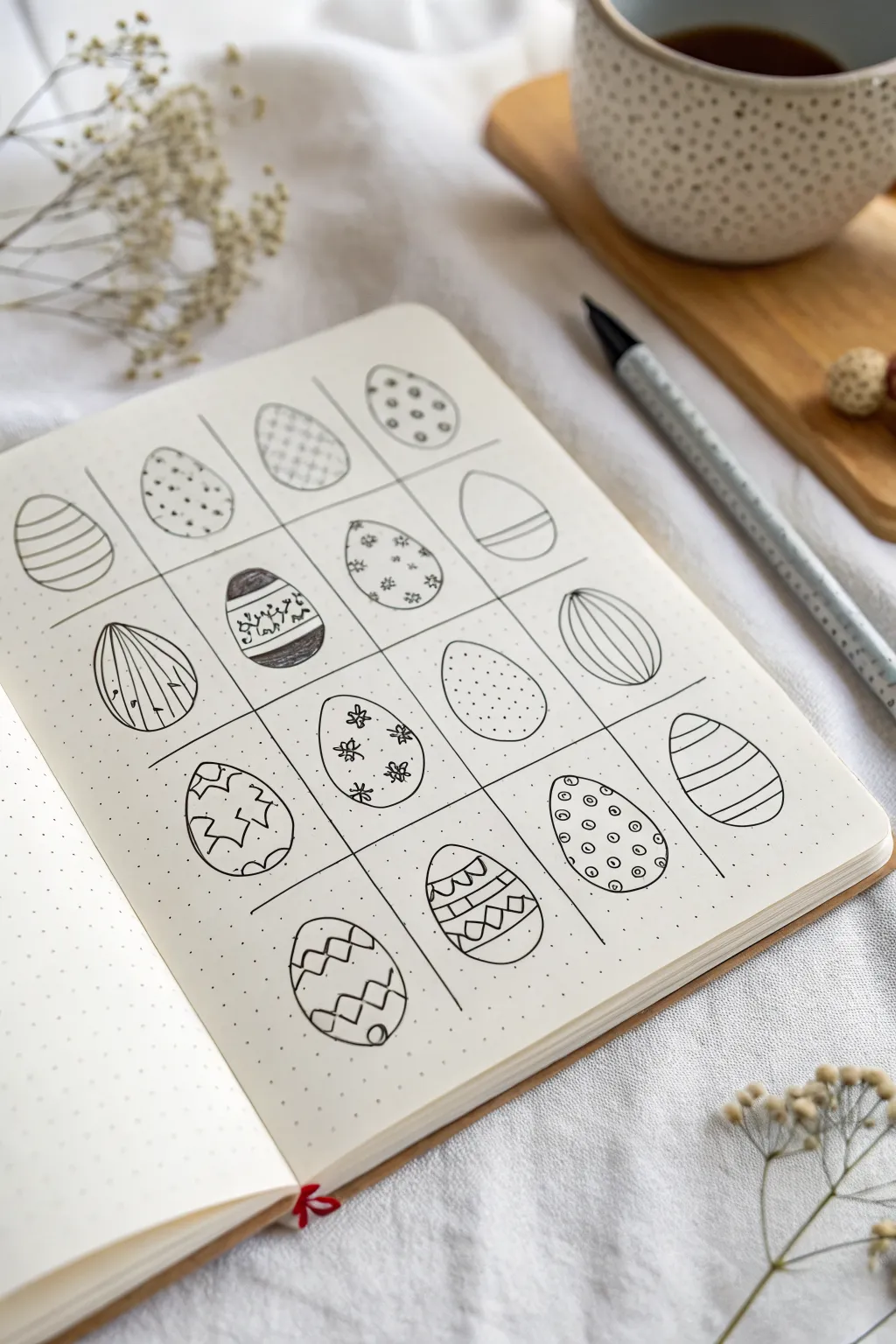 Minimal black-ink doodle eggs with bold patterns for easy, stylish Easter drawing ideas
