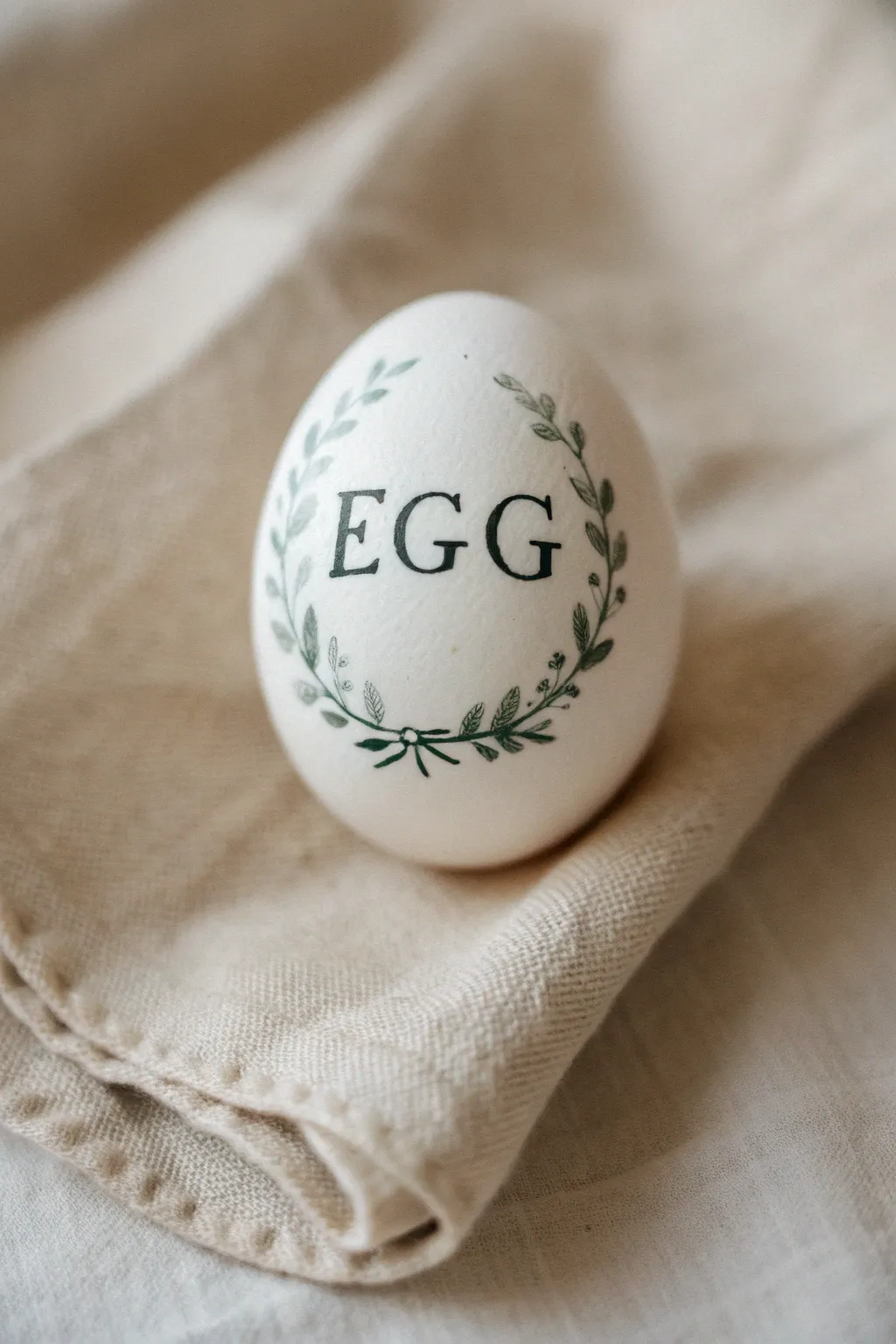 Minimalist Easter egg with leafy wreath monogram, perfect for soft Scandinavian tablescapes