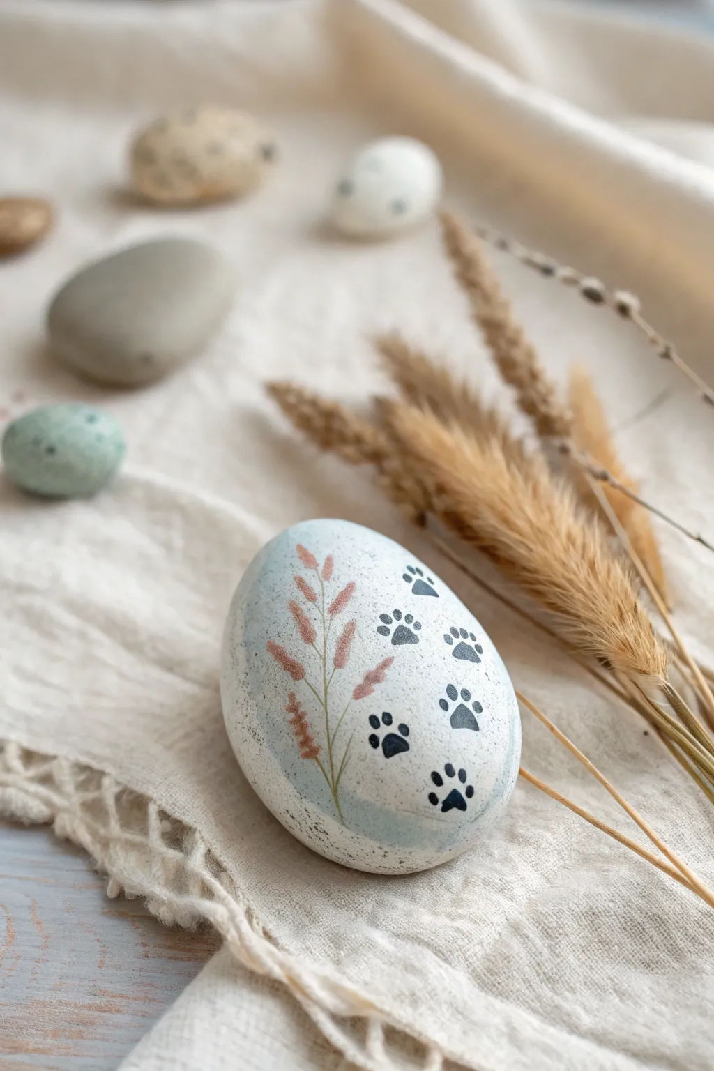 Bunny pawprint trail rocks leading to a calm pastel Easter egg centerpiece, simple and charming.
