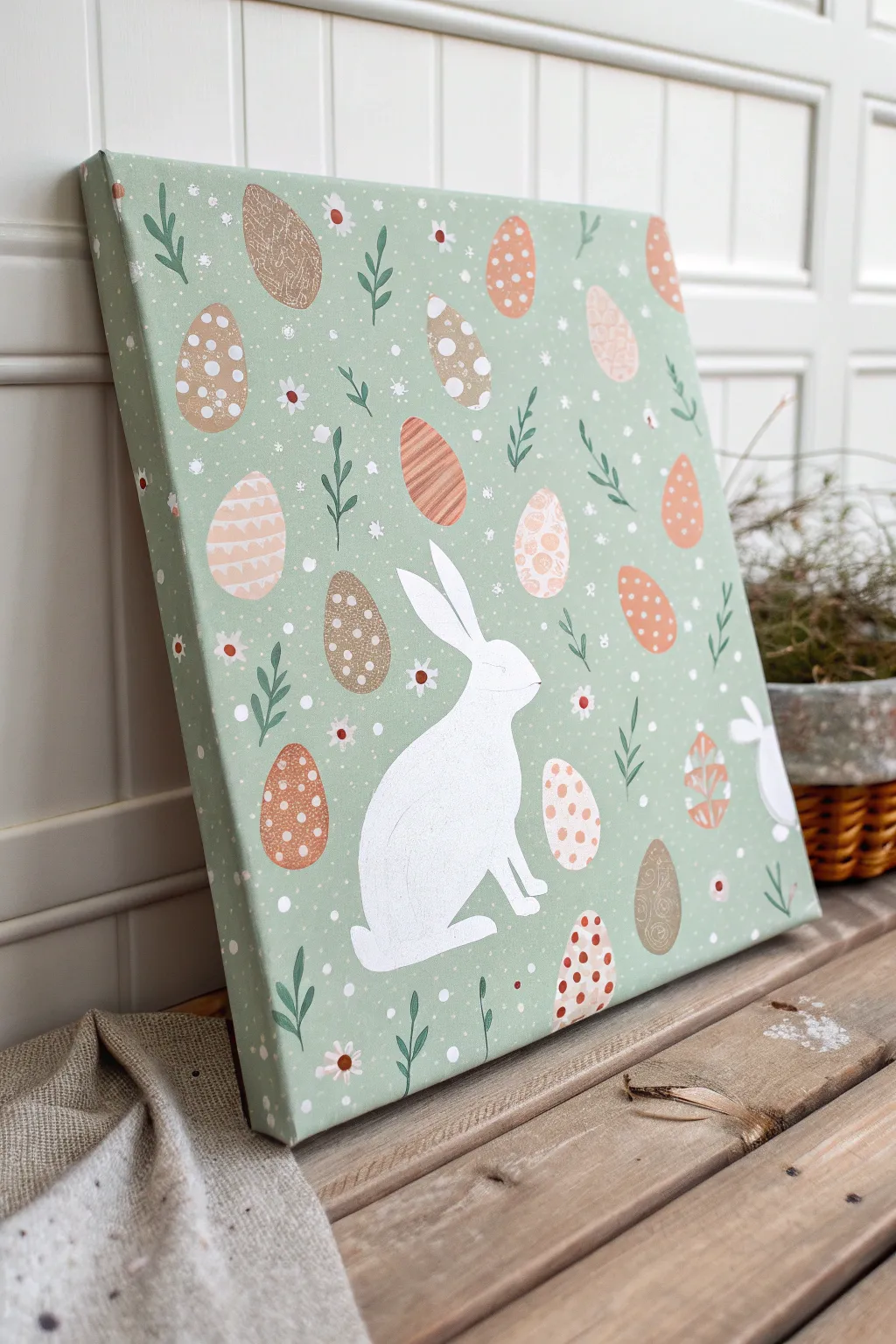 Negative-space bunny canvas with tiny egg patterns and dots in soft Scandinavian boho pastels.