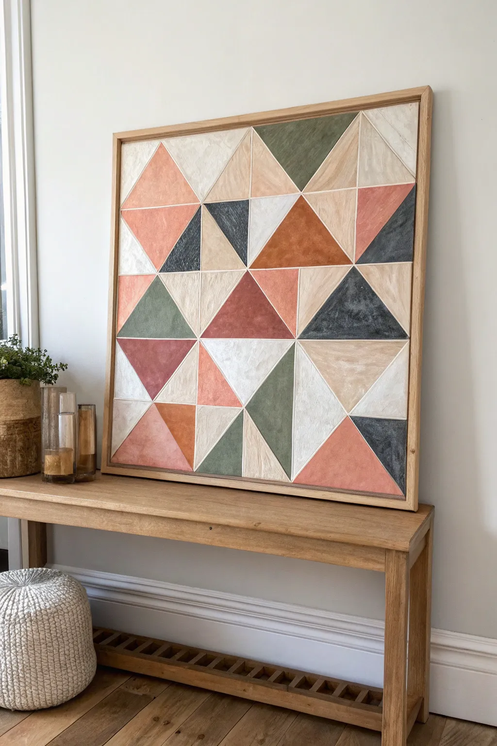 Crisp masked triangles in a bright patchwork layout, styled as minimalist boho wall art