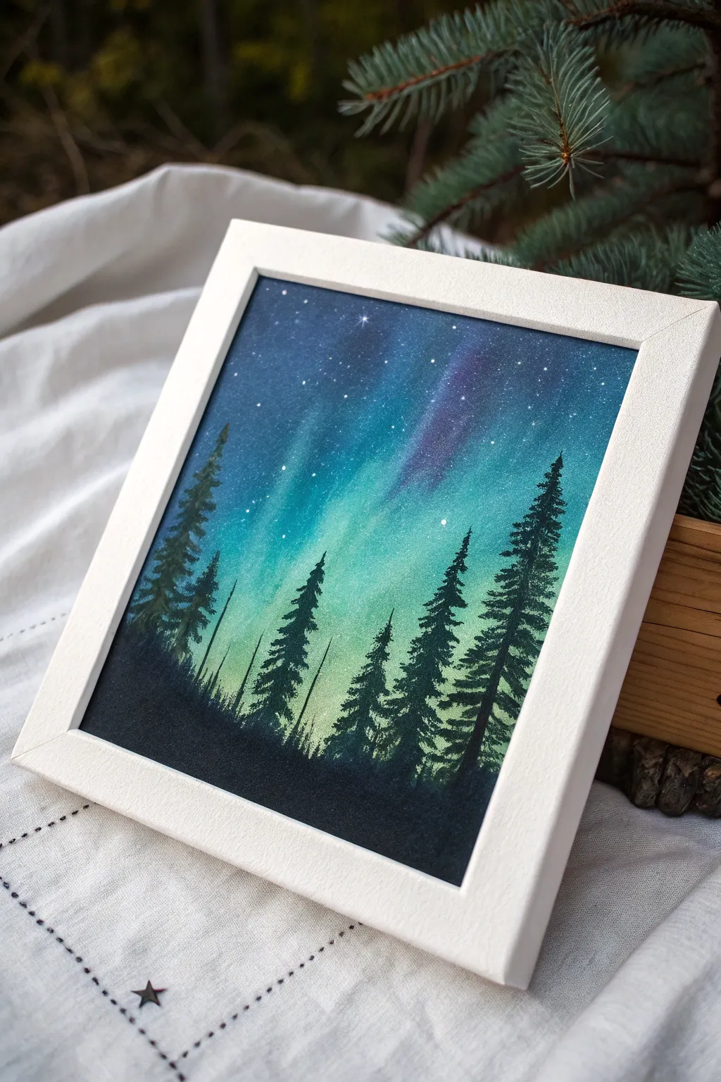 Easy aurora acrylic painting: deep navy sky, soft teal ribbons, and a pine silhouette