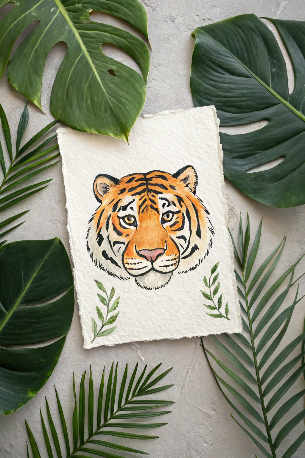 Simple tiger face peeking through jungle leaves, bold colors and calm minimalist boho vibe.