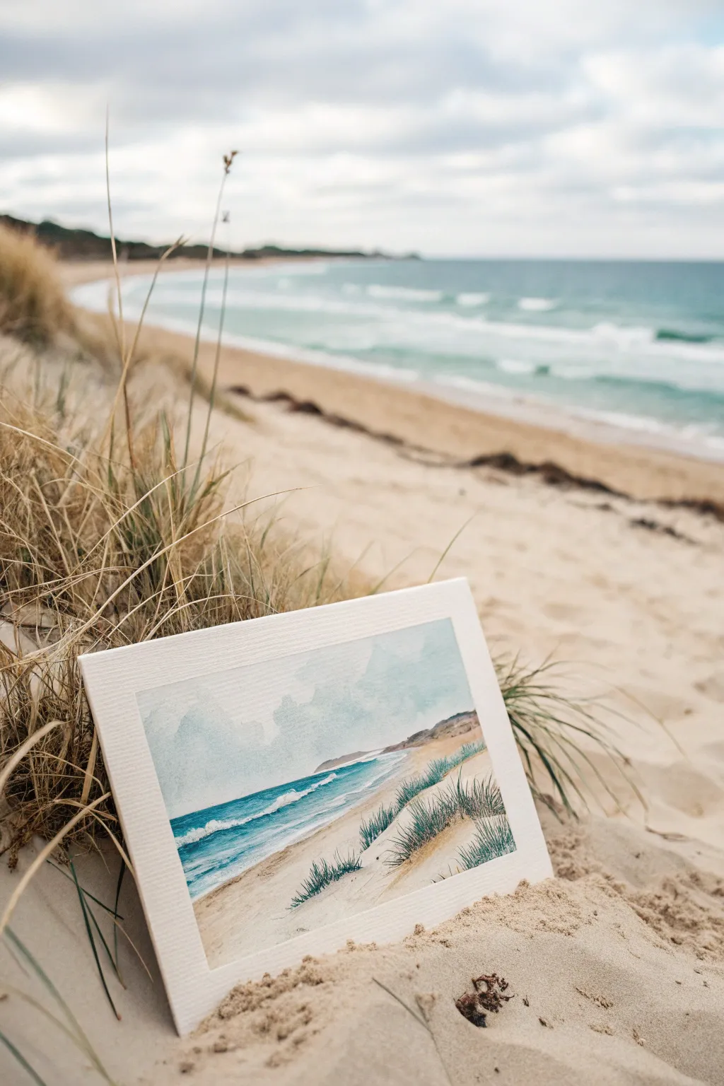 Dry brush sand texture and simple ocean bands make this minimalist beach scene quick and calming.