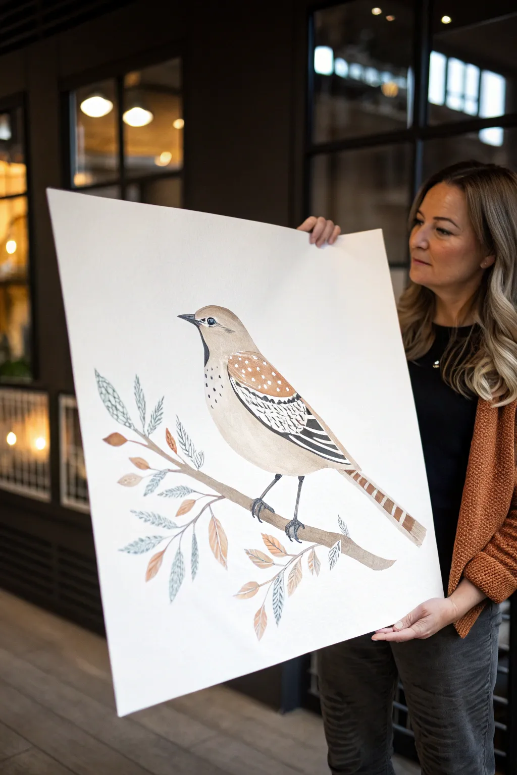 Abstract perched bird with patterned wing shapes in calm Scandinavian minimal boho style