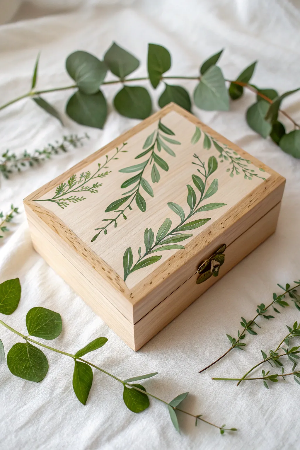 Transform a natural wood box with delicate freehand vines for a serene boho touch.