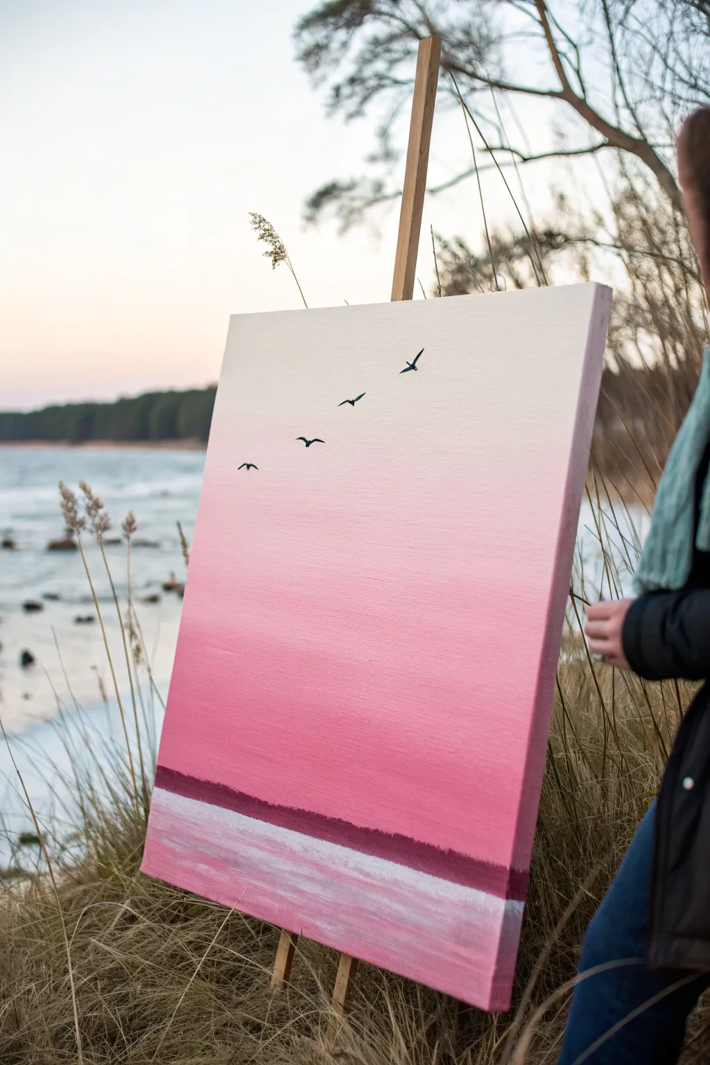 Soft pink ombré sky canvas with simple V birds and one moody cloud for contrast at dusk
