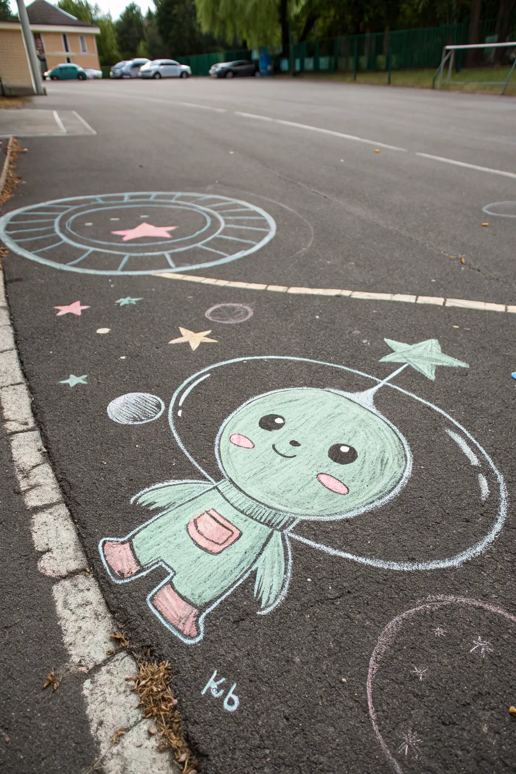 Mini alien in a bubble helmet, drawn in bold chalk lines for an easy cute space doodle