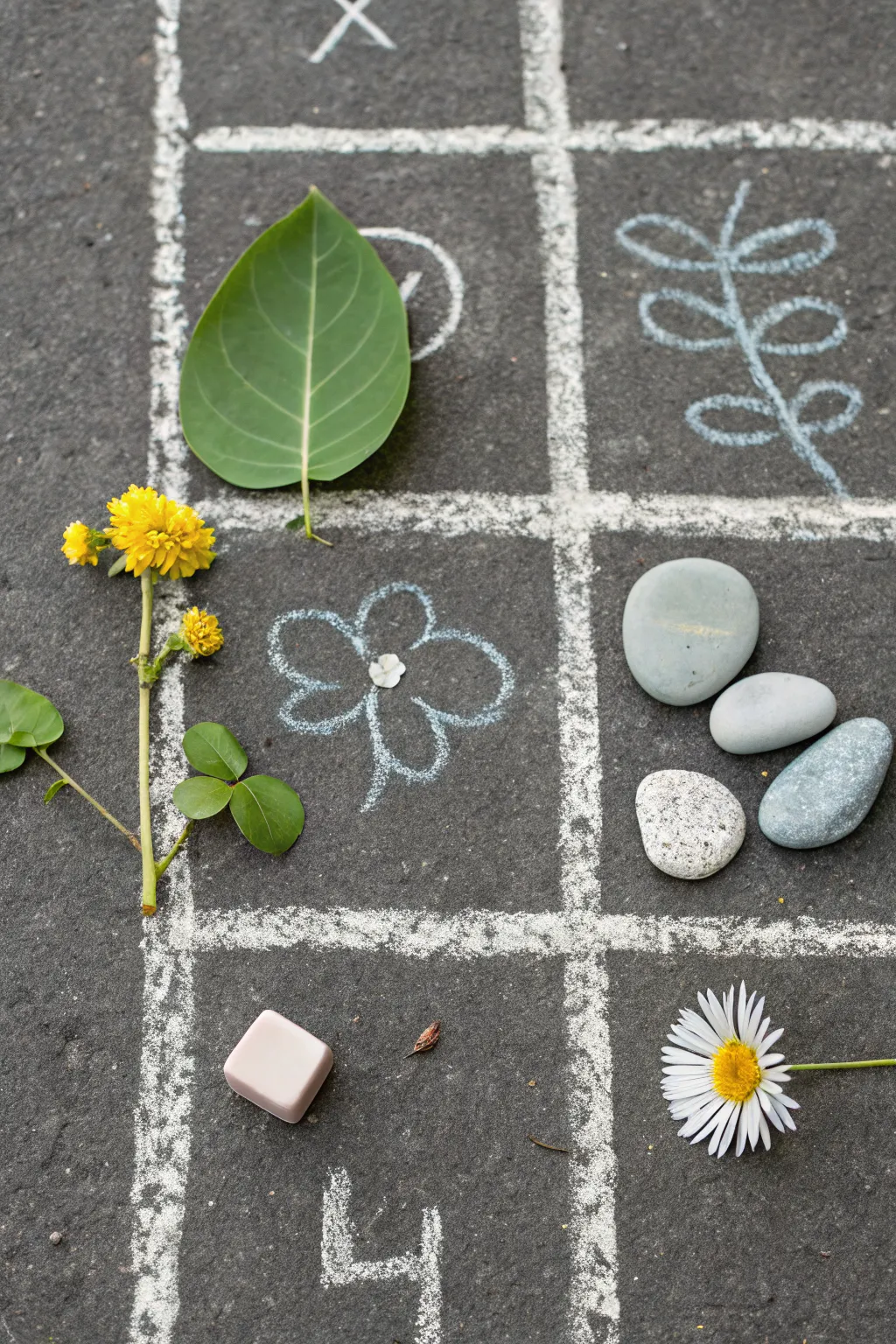 Draw this simple chalk scavenger grid, then place leaves, rocks, and flowers in the matching boxes.
