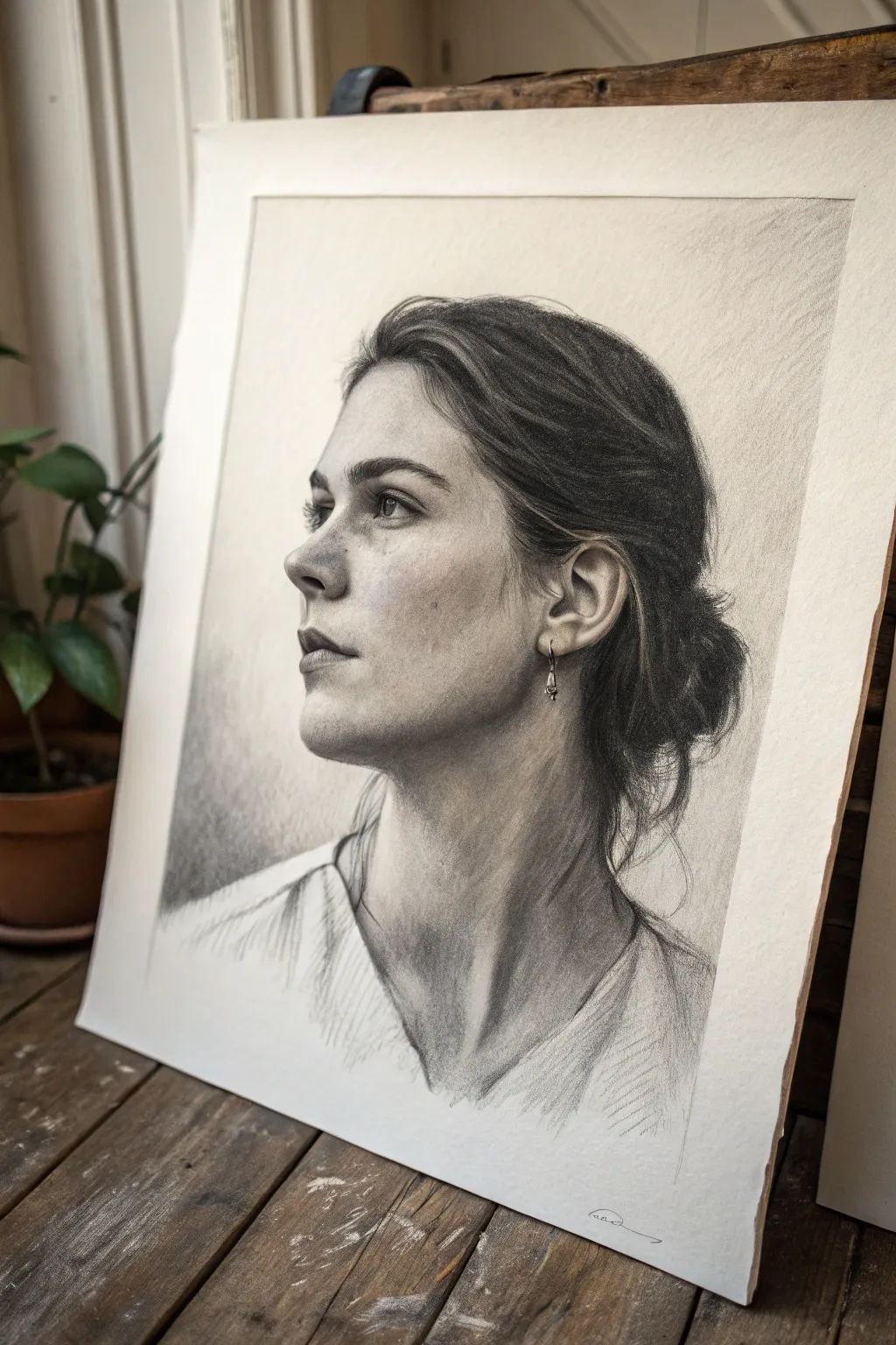 Three-value charcoal portrait with soft edges and bold shadow masses for an easy minimalist study.