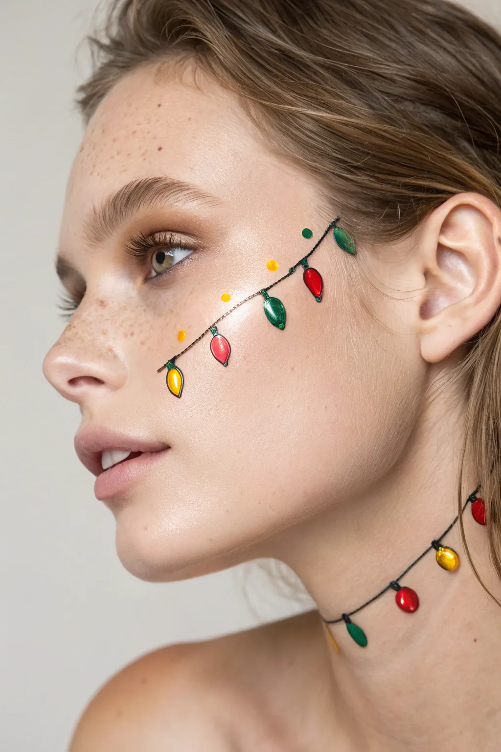 Minimal Christmas light string face paint sweeping the cheekbone in clean Scandinavian style