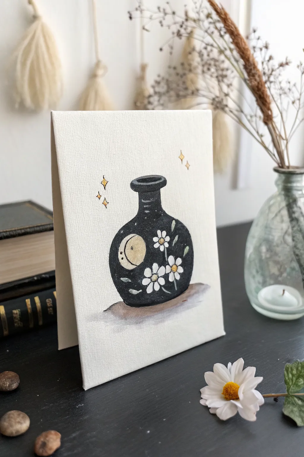 Paint a minimalist black jar with a glowing trapped ghost for an easy creepy acrylic look