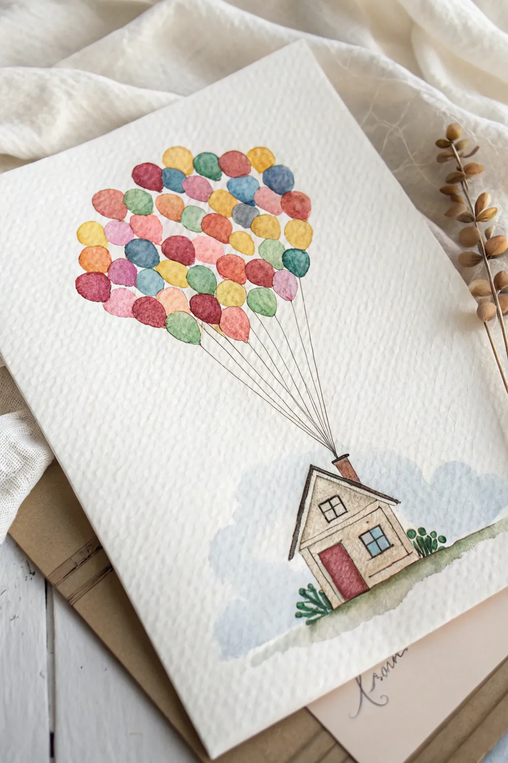 Minimal boho balloon house painting: sweet dot balloons, tiny roof, airy clouds, high contrast
