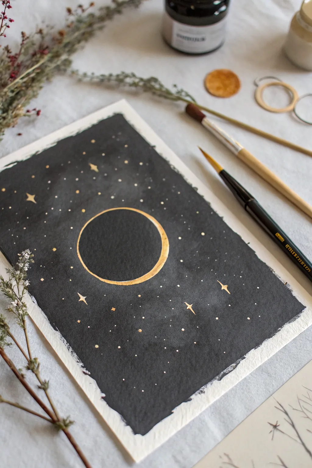 Paint a serene solar eclipse: deep blacks, dusty stars, and a glowing ring of light.