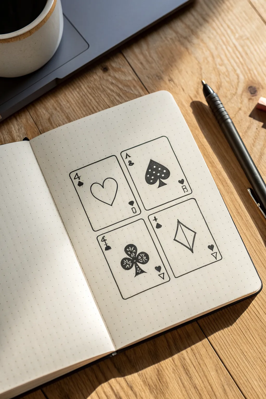 Easy playing card icons to draw: clean suit symbols inside a simple rounded card frame