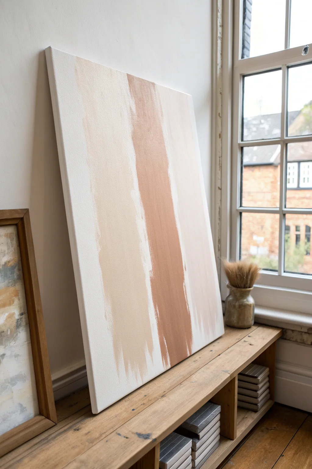 Modern brushstroke canvas decor: simple neutrals with one warm accent, easy DIY vibe