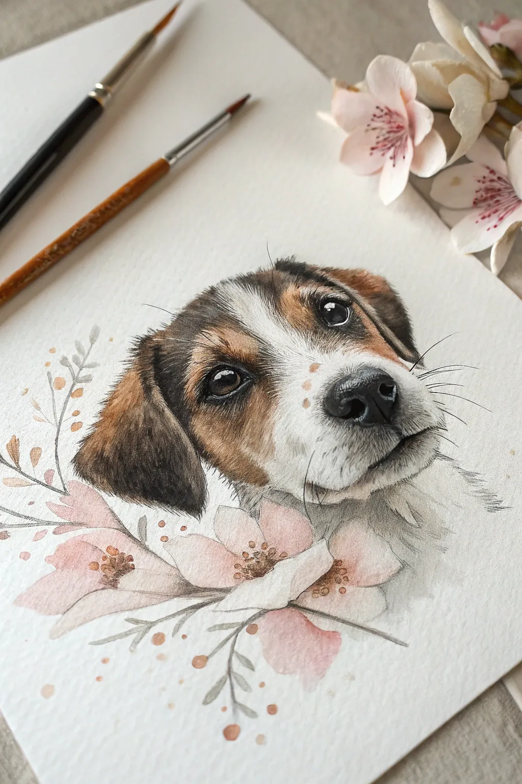 Watercolor puppy nose close-up with soft wet-on-wet blooms and clean minimalist contrast