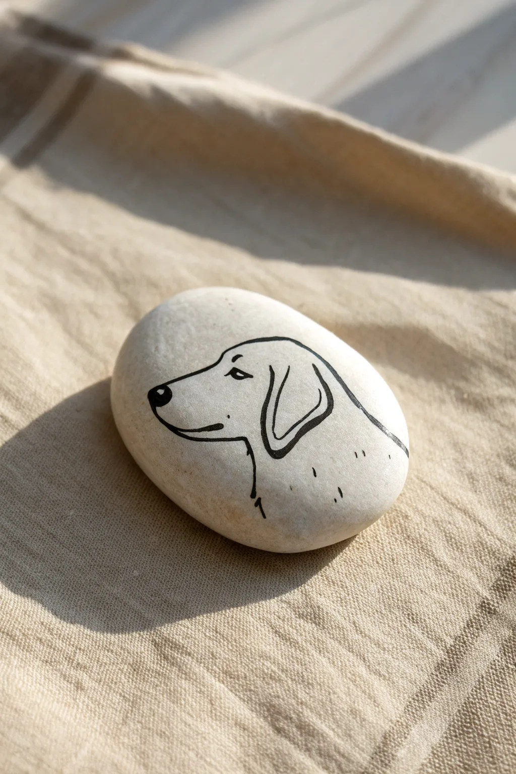 Minimal line-art dog profile on a smooth stone, modern and easy rock painting inspiration.