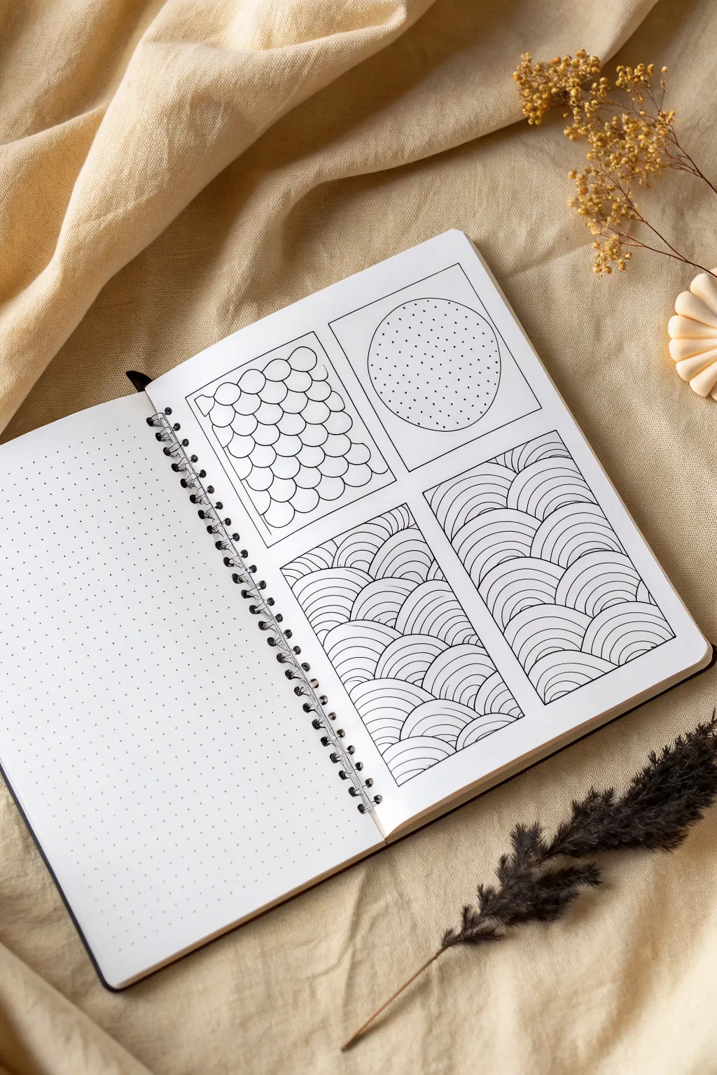 Zentangle shape fills with calming repeats, bold contrast, and one shape intentionally half-finished