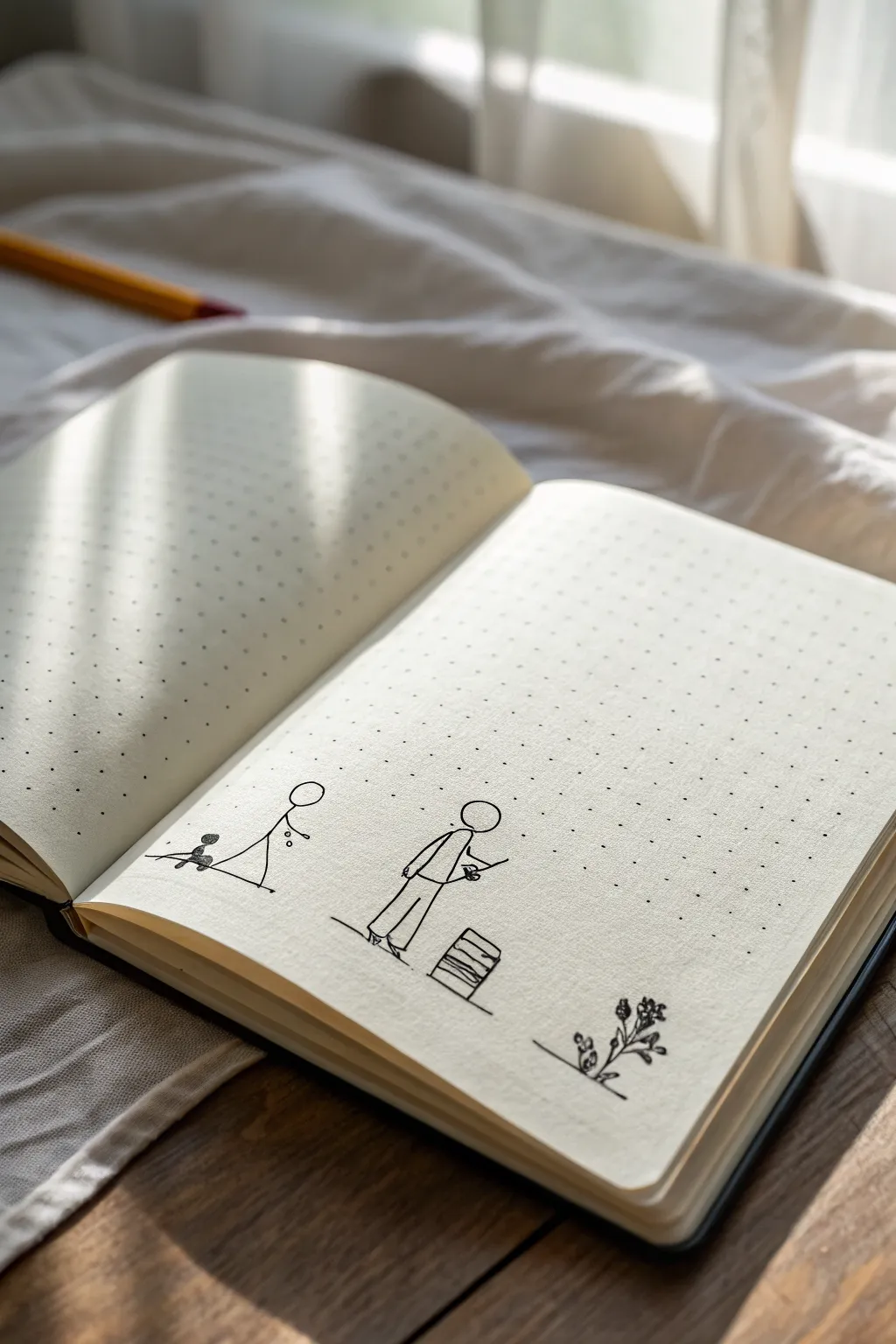 Margin-ready stick figures raising hands, slumping, and note-passing for class boredom.