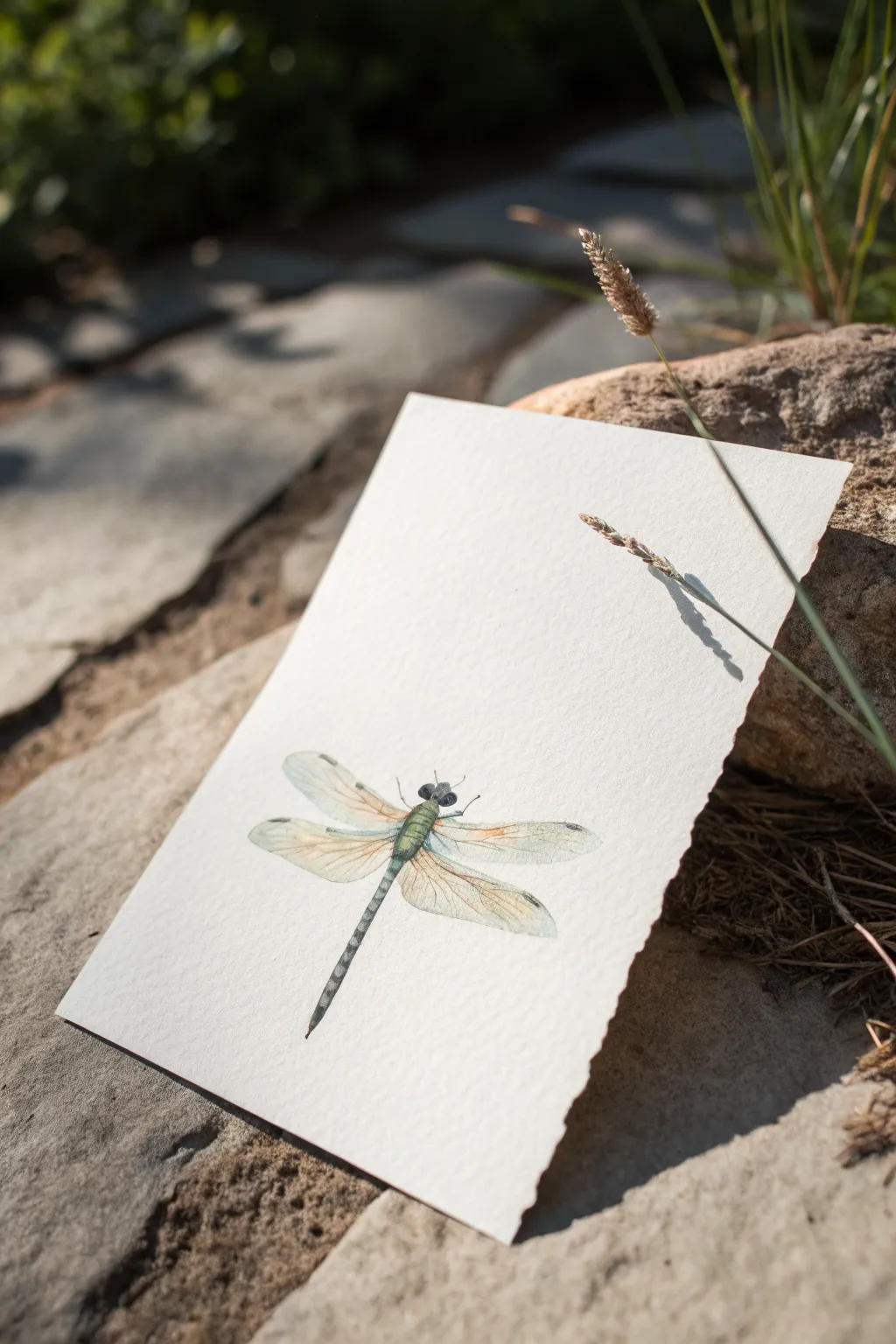 Minimalist dragonfly with airy white space and a soft wash for a calm modern look