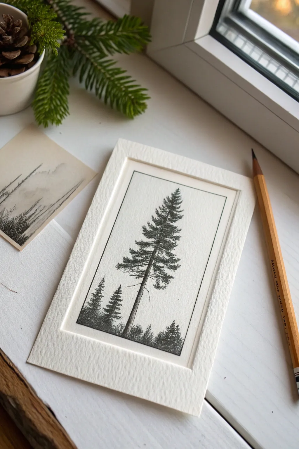 Capture simplicity with this charming mini polaroid pine tree sketch idea.