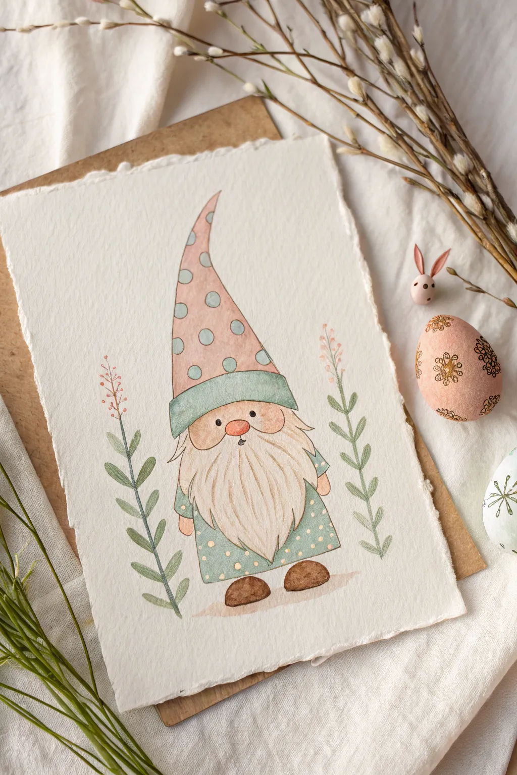 Paint a cozy Easter gnome with a patterned hat and tiny bunny accent in soft spring pastels