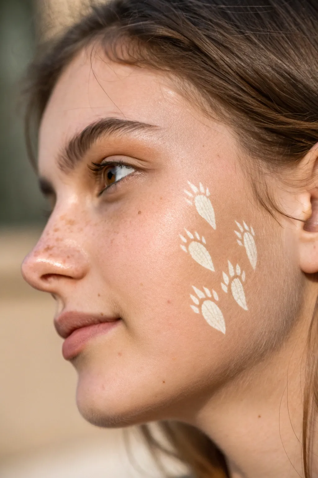 Minimal dinosaur footprint cheek design with one bold print for quick, cute face painting