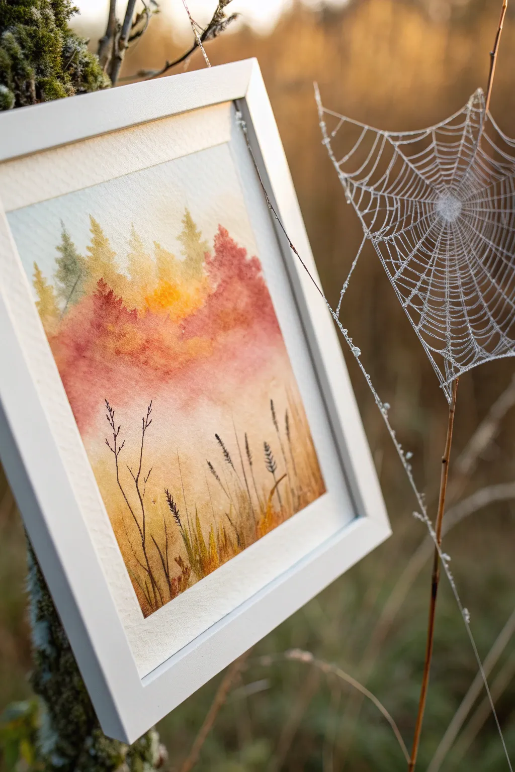 Cozy fall wash with a crisp white spiderweb corner, minimalist and perfect for beginners