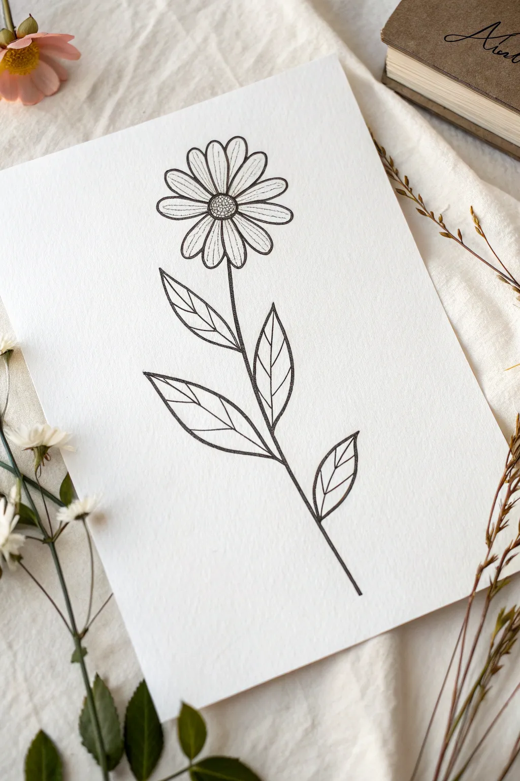 Calm one-line flower sketch idea for slow, flowing practice with minimalist Scandinavian charm.