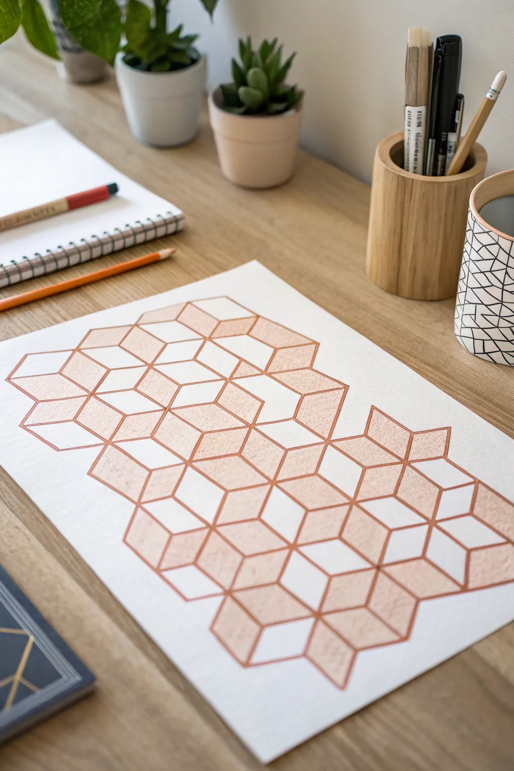 Paint effortless depth with taped isometric cubes using three shades for a modern minimalist look