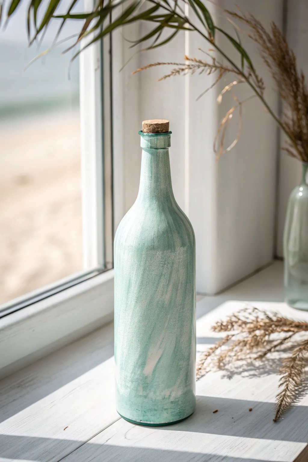 Sea glass bottle painting in muted aqua, minimalist coastal vibes for easy glass art.