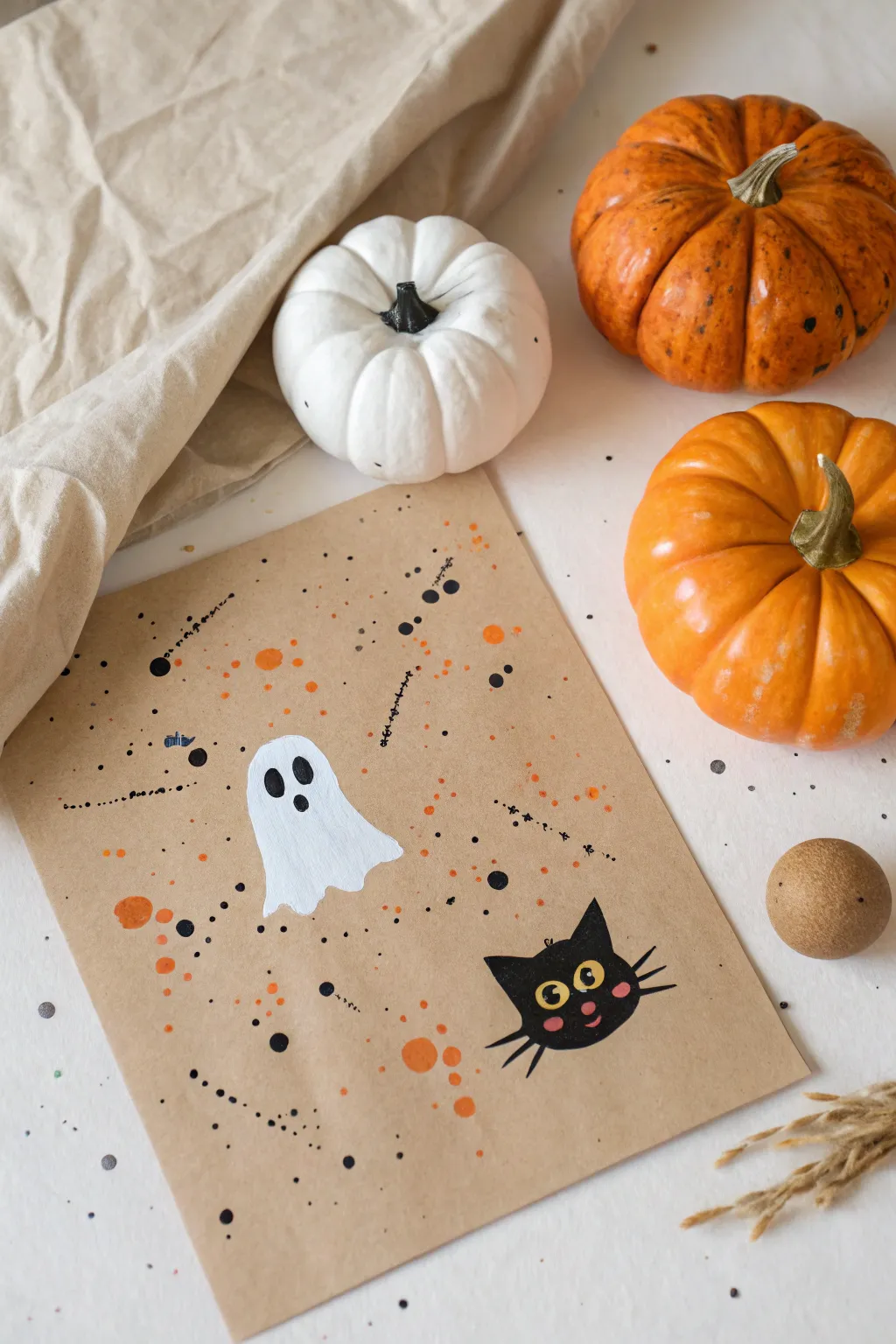 Minimalist Halloween splatter painting: one kraft sheet with a ghost, cat, and pumpkin blobs