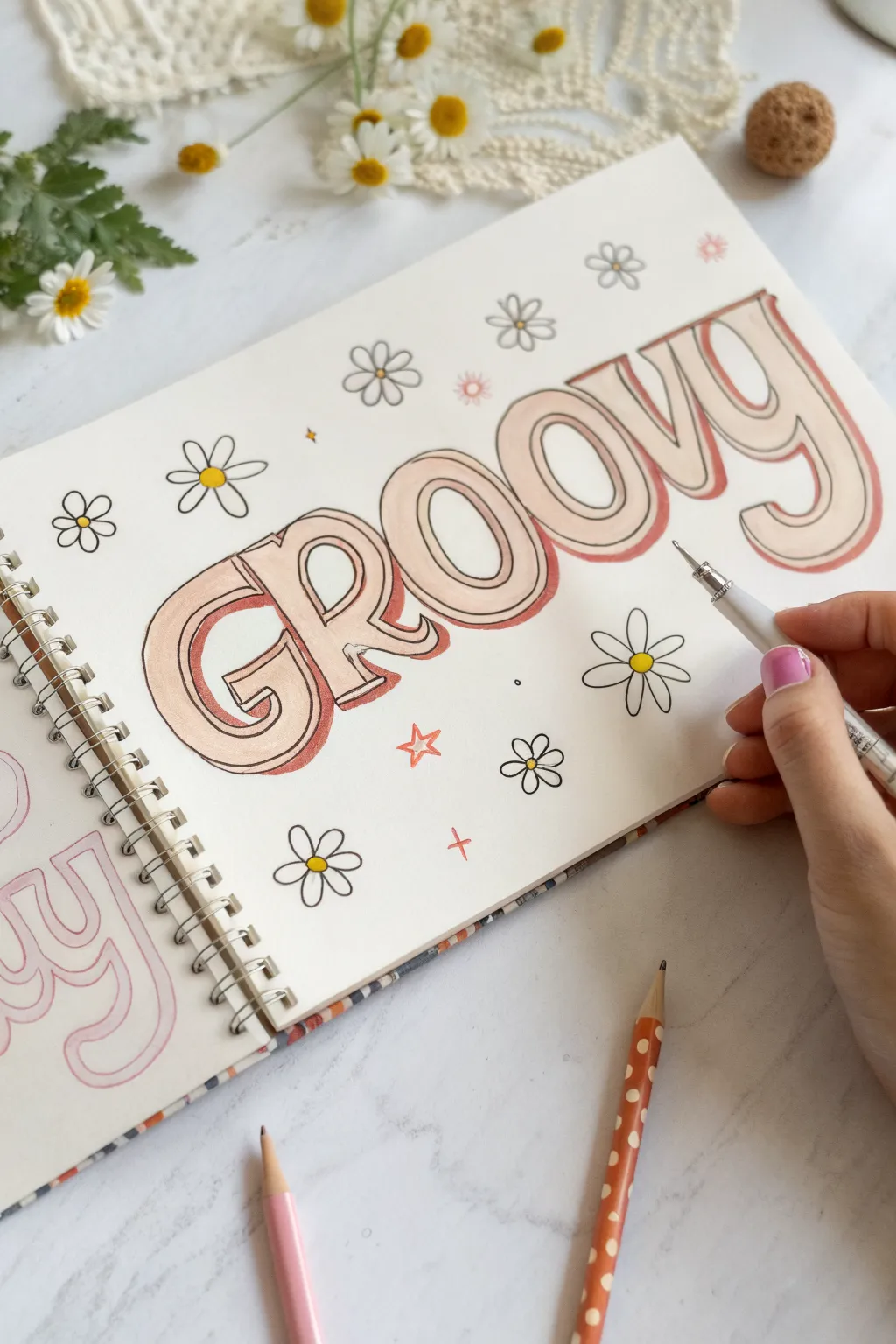 Try these three groovy bubble-letter words with tiny flowers and sparkles for easy hippie vibes.