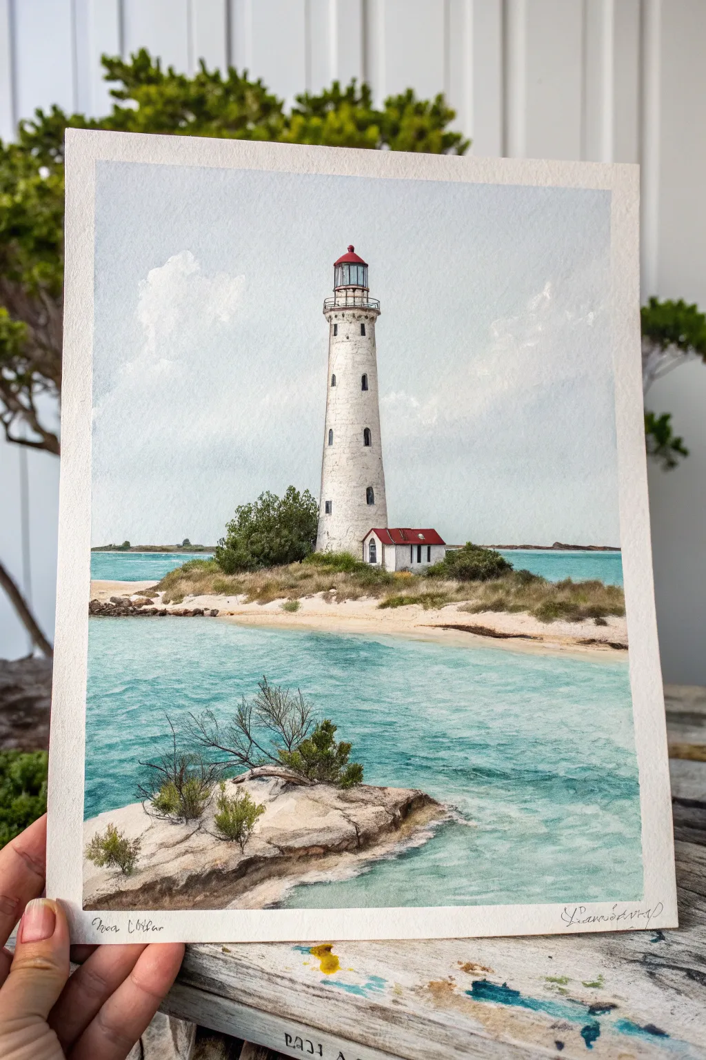 Tiny island lighthouse painting idea: minimalist, calming water, airy sky, and simple brushy shrubs