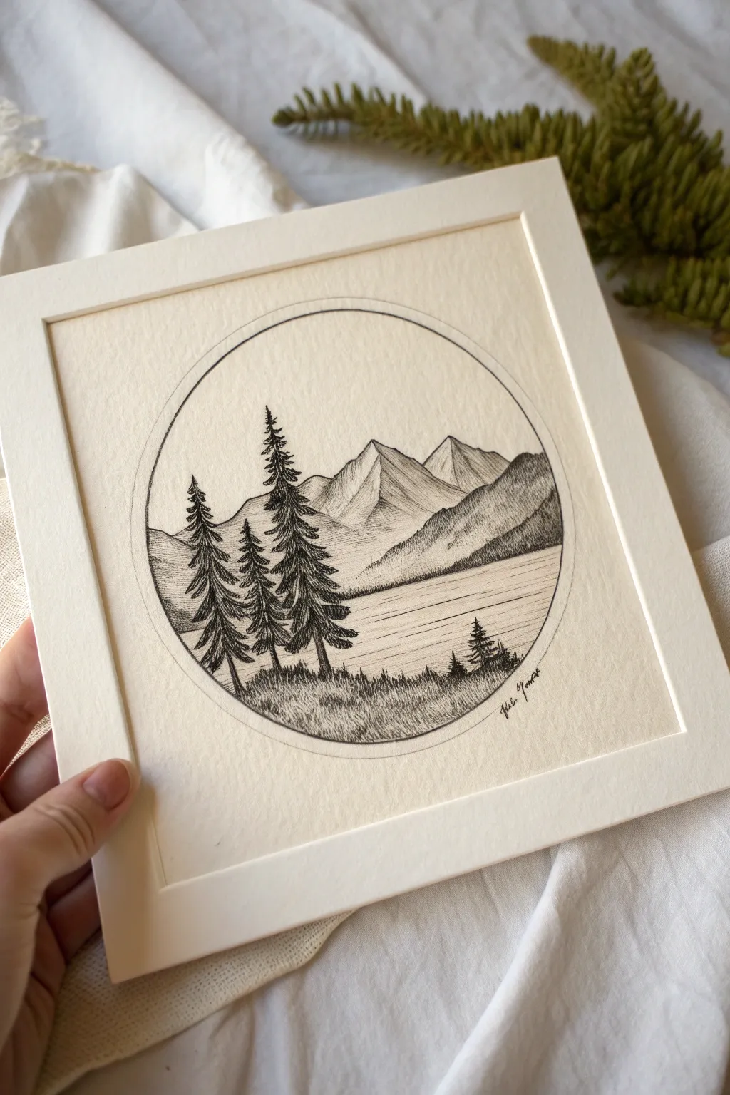 Simple circular landscape vignette with mountains, lake, and pines, perfect for easy nature sketches