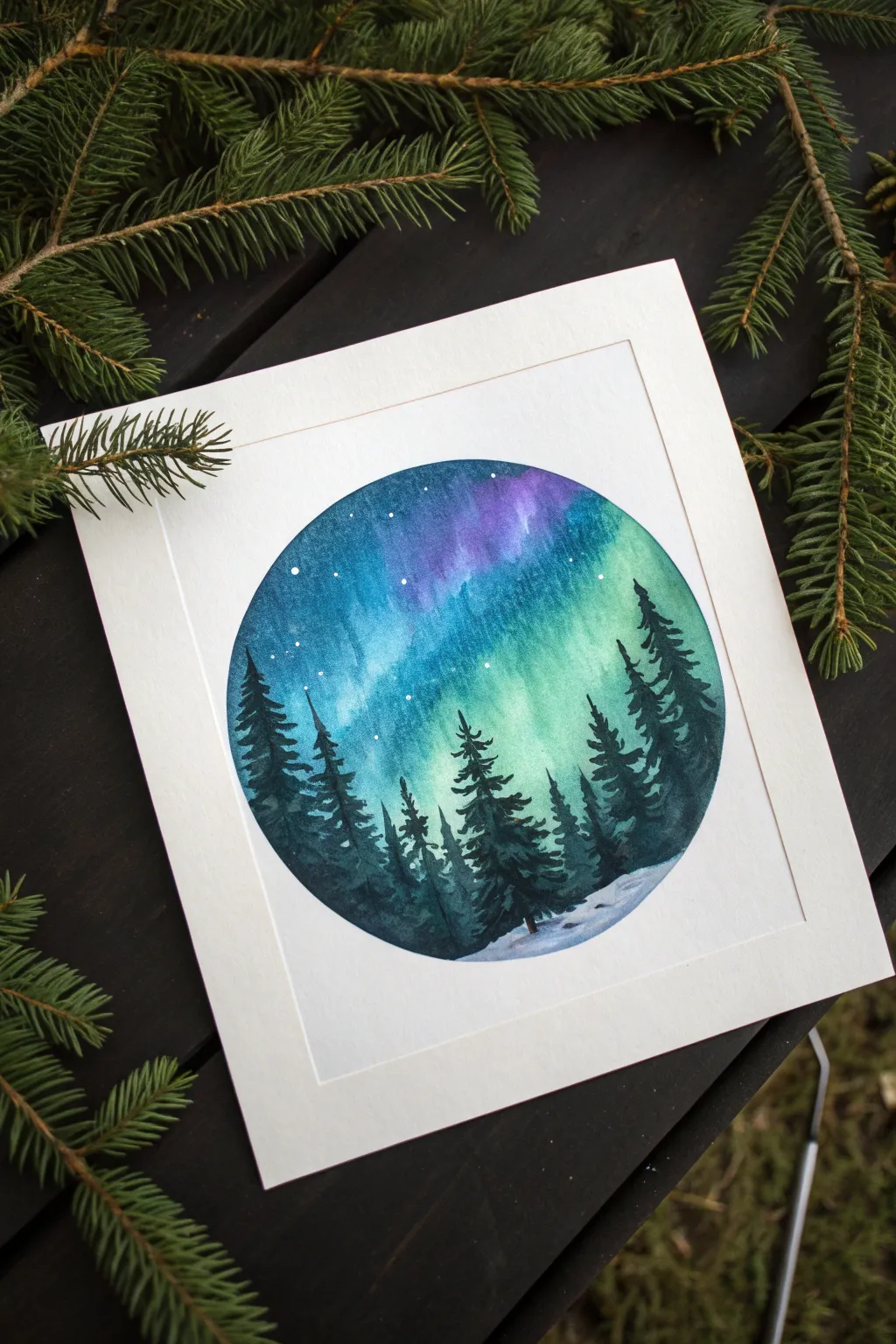 Big moon window framing soft aurora ribbons, a minimalist northern lights painting idea to recreate.