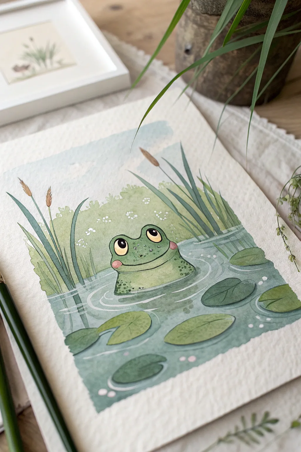 Flat color frog peeking from a calm pond, minimalist Scandinavian palette with a soft boho feel.