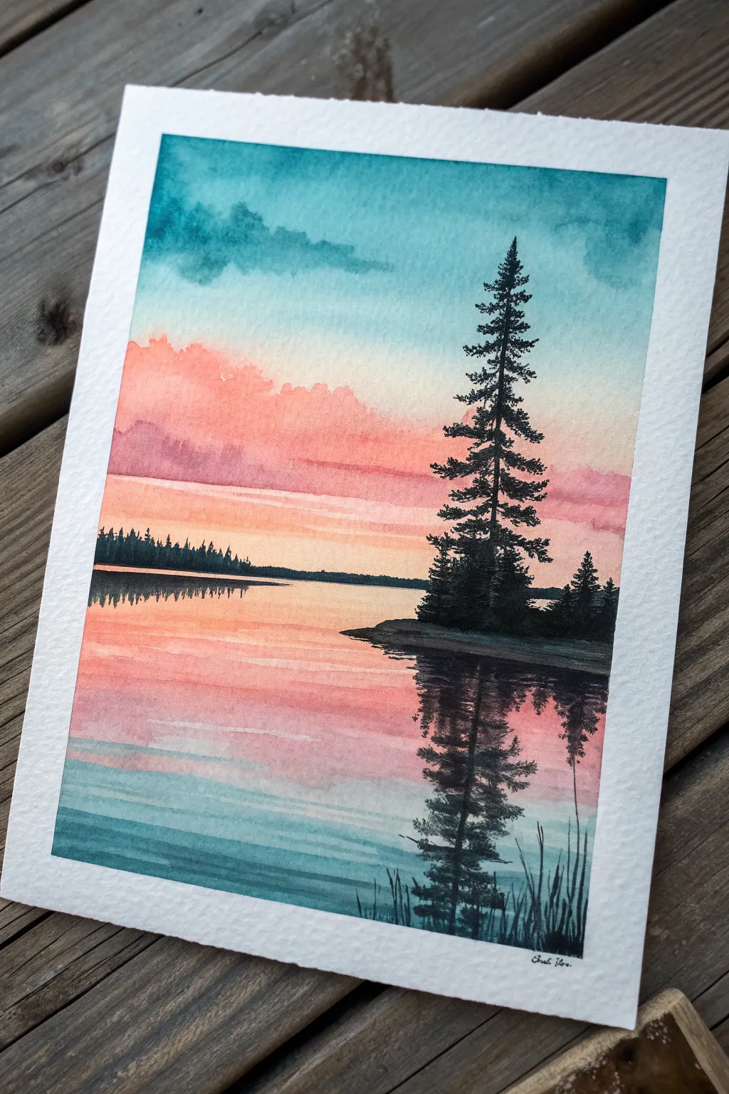 Calm treeline and colorful sky reflected in wiggly lines, a minimalist lake painting idea.