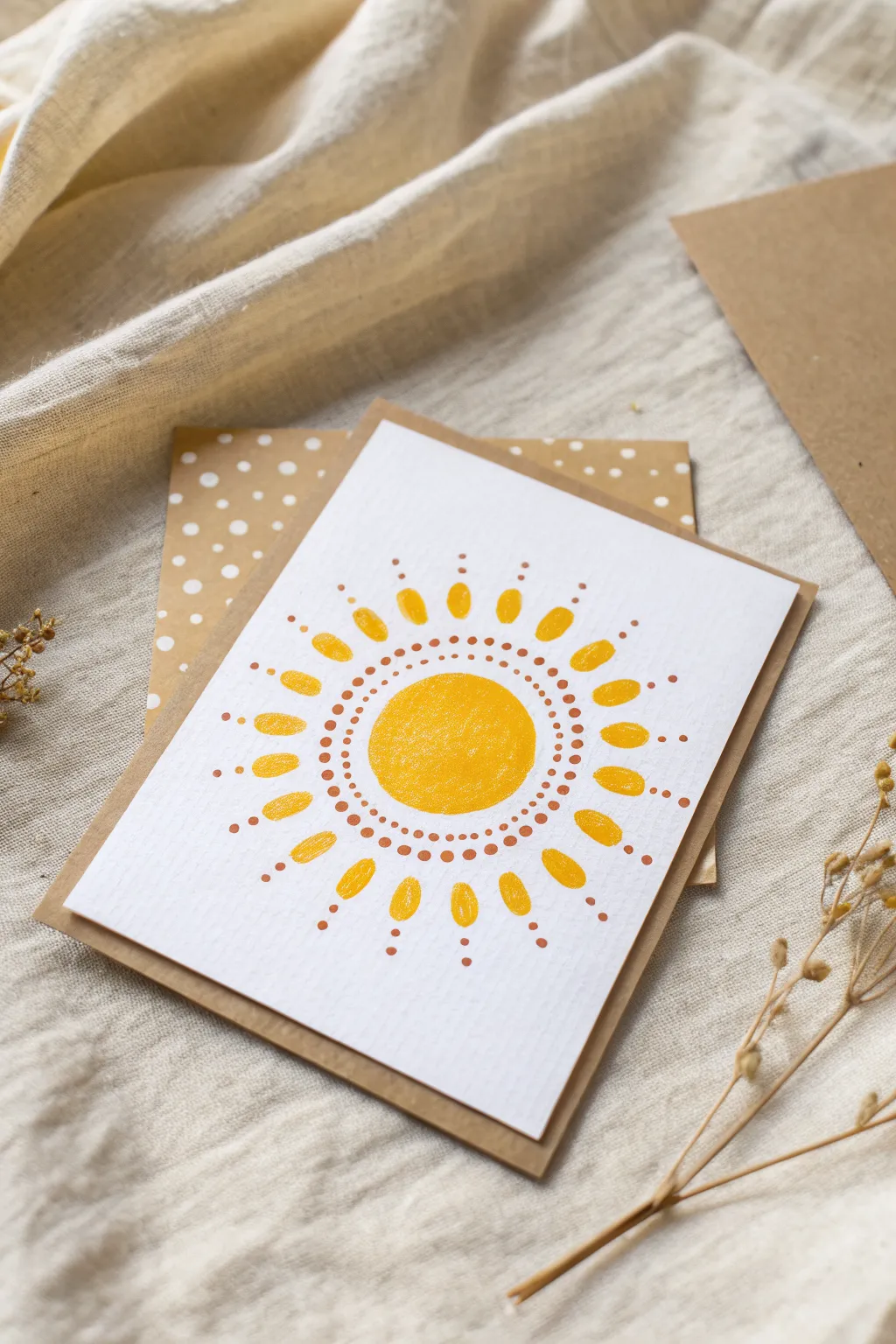 Bright fingerprint sunshine card for Grandma, a simple minimalist painting with warm boho charm.