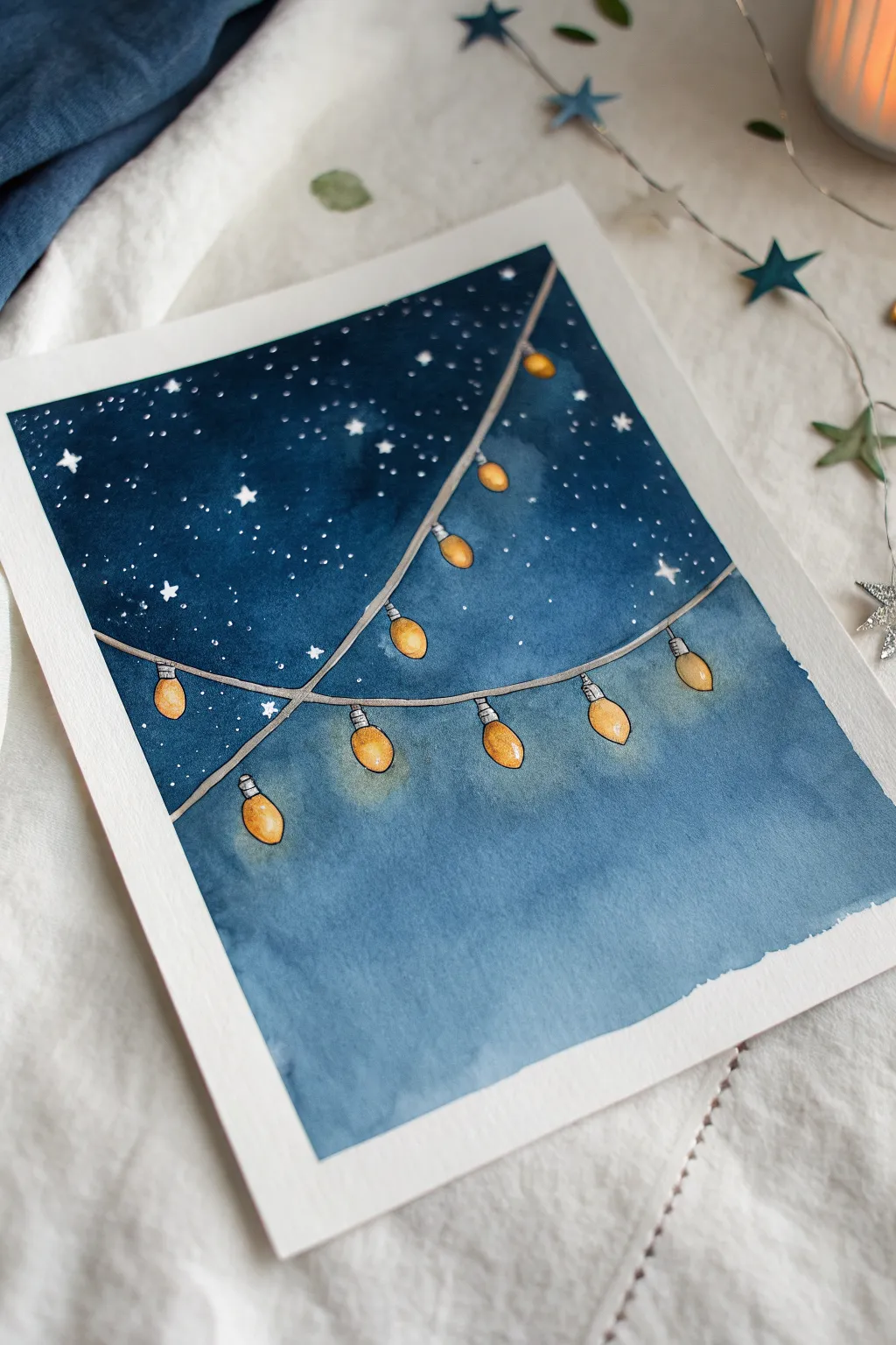 Cozy string lights glowing against a deep midnight sky, an easy minimalist night painting idea.