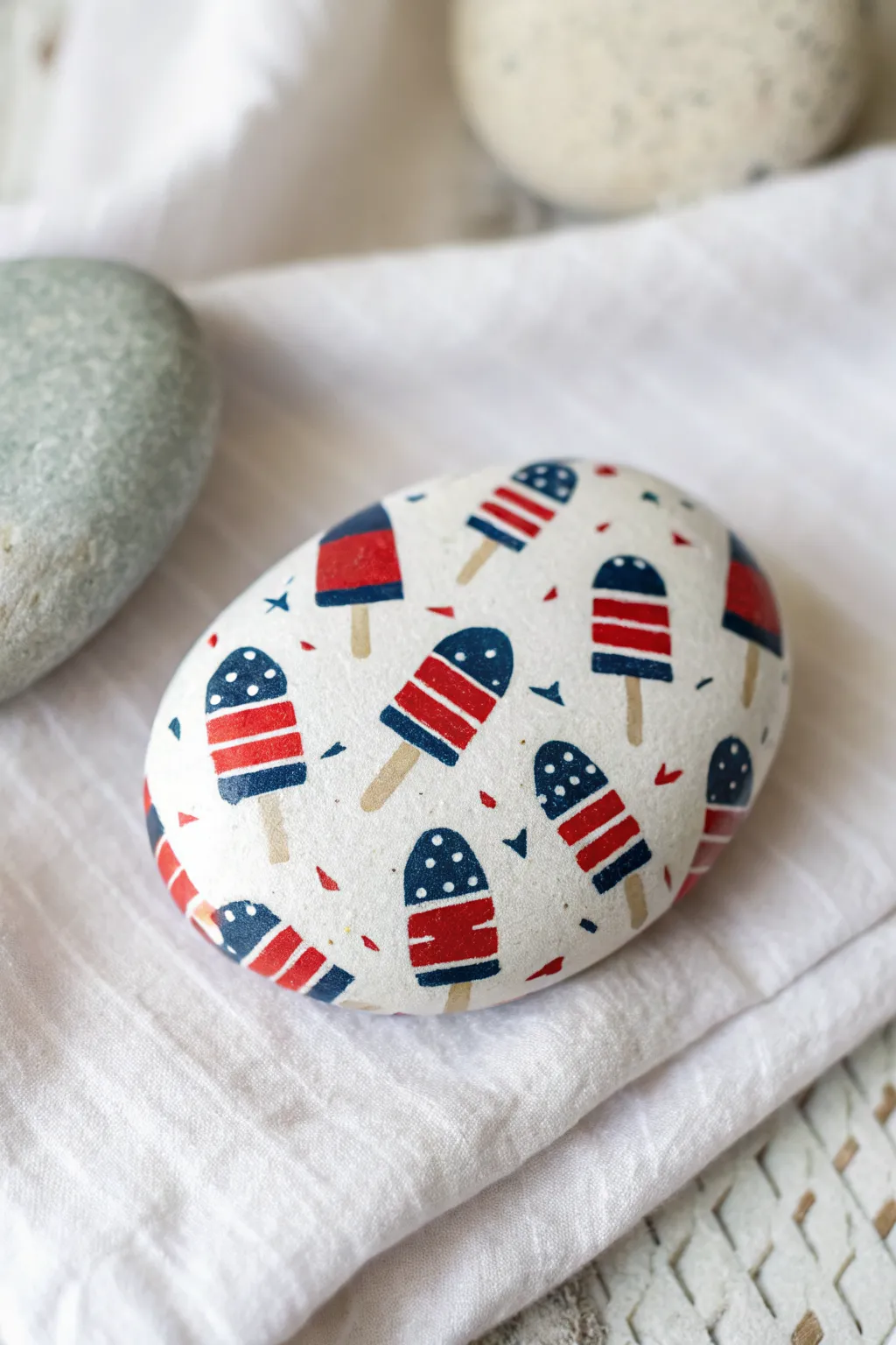 Simple rocket pops pattern on a painted rock for an easy, summery patriotic craft idea