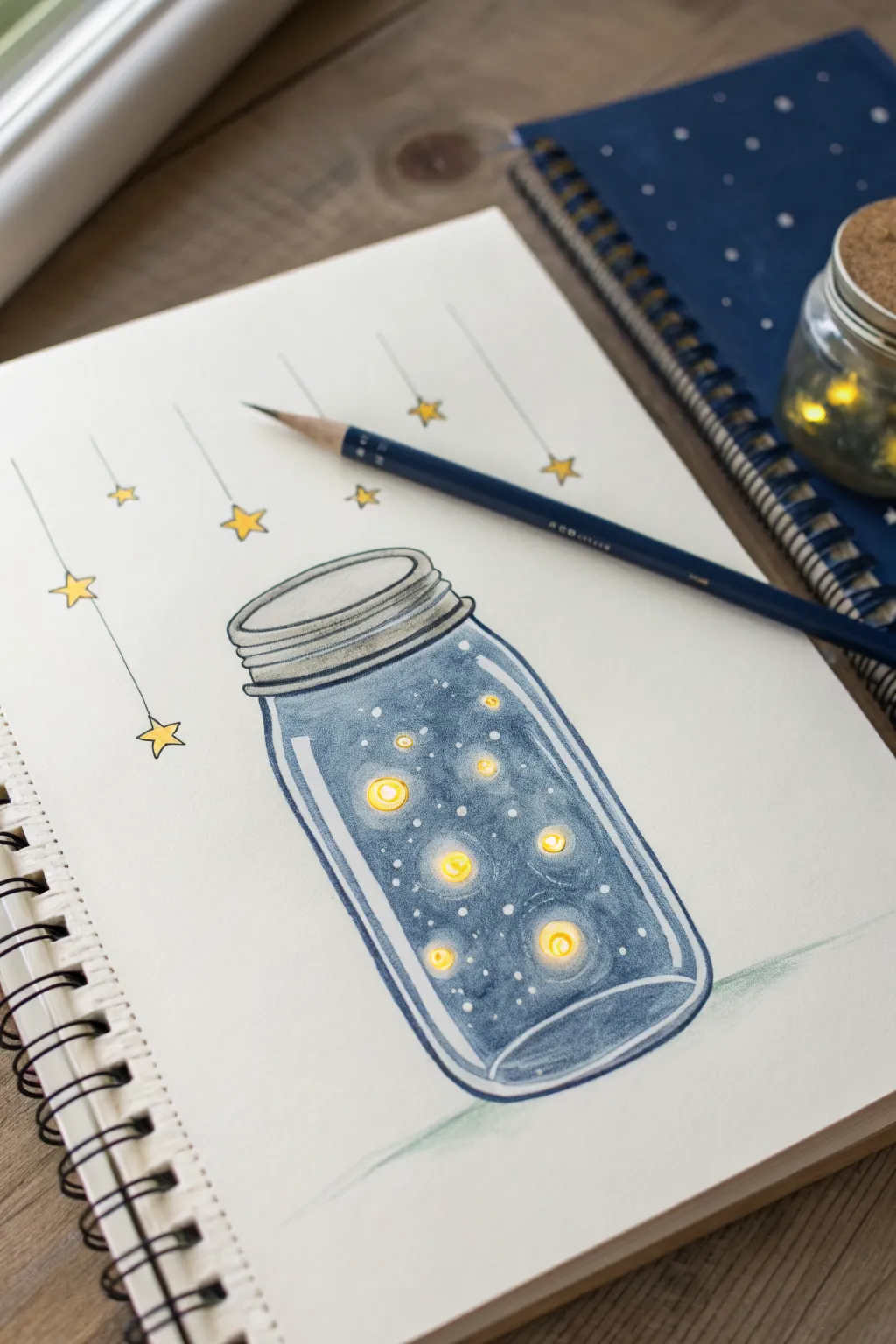 Glass jar of fireflies in colored pencil, soft yellow-white glow against a deep midnight background