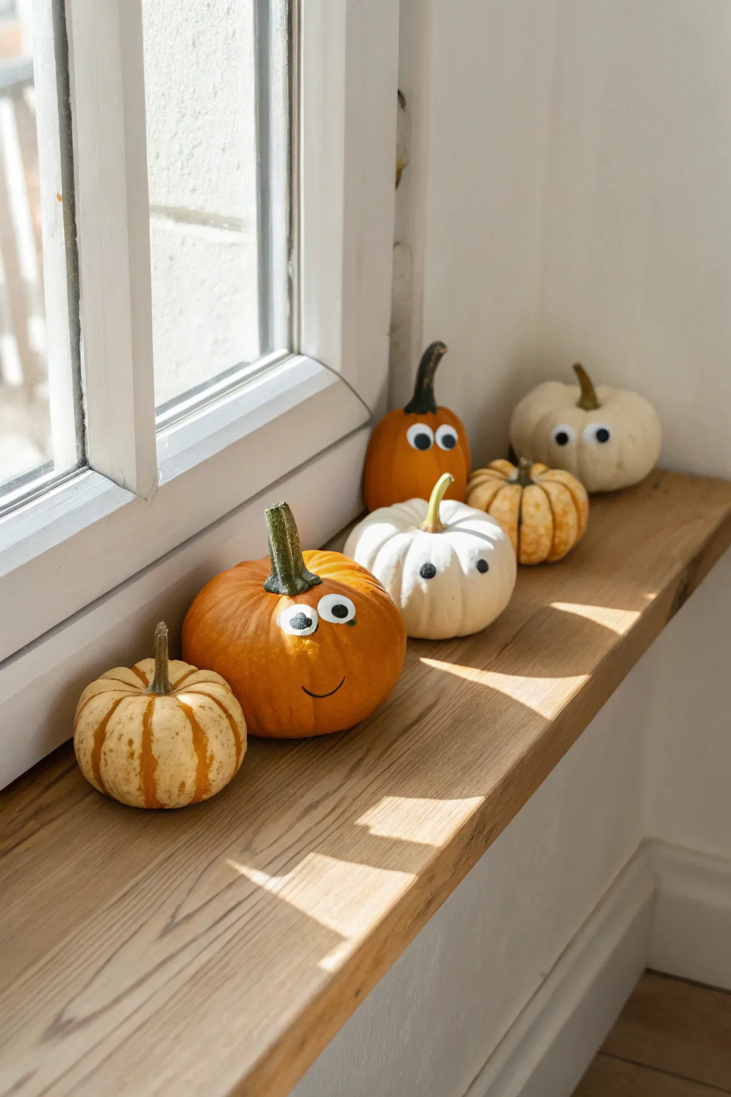 Googly-eye mini pumpkins kids can paint fast, styled on a simple ledge for cute porch decor