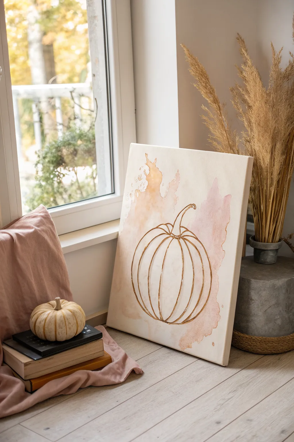 Minimalist pumpkin outline over a soft color wash, calm Scandinavian boho canvas inspiration