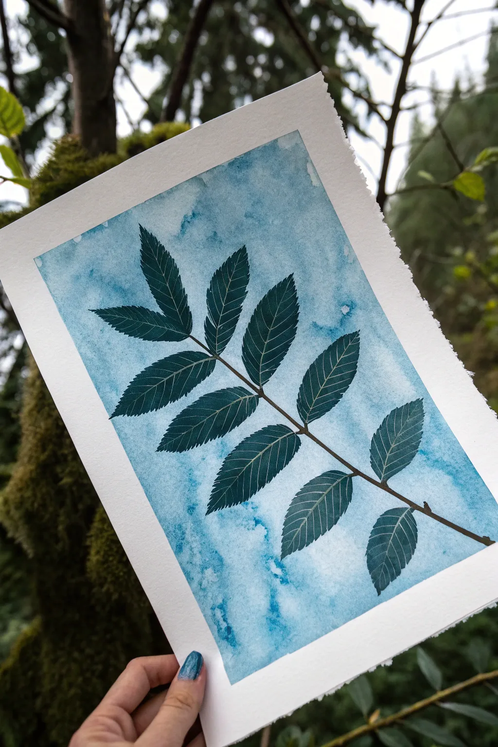 Crayon resist rainstorm over lush jungle leaves, minimal and calming with bold contrast