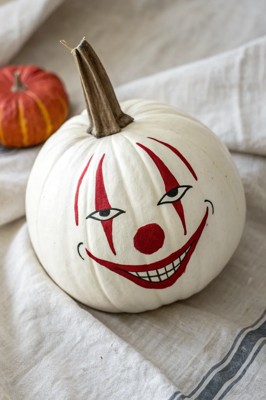Paint a spooky masterpiece! This red-lined clown face is hauntingly simple and chic.